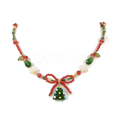 Brass Handmade Lampwork Christmas Tree Pendant Glass Beaded Necklaces NJEW-TA00275-1