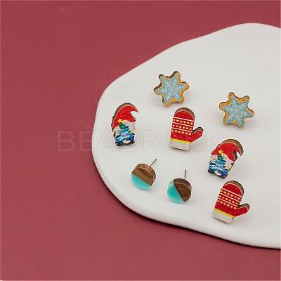 4 Pairs Snowflake & Glove & Christmas Gnome Printed Wood Stud Earrings EJEW-OY001-04-1