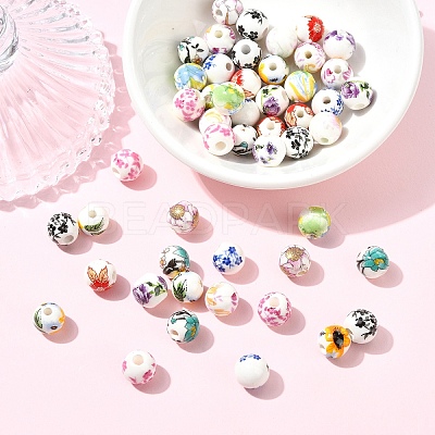50Pcs 10 Colors Floral Printed Porcelain Beads PORC-YW0001-57-1