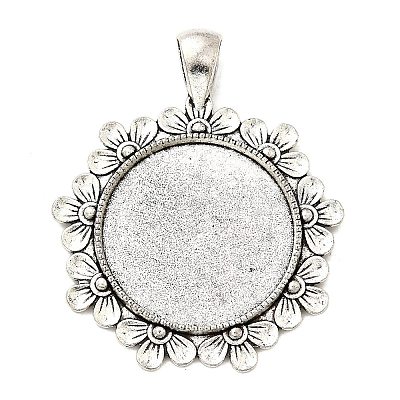 Tibetan Style Flower Alloy Round Pendant Cabochon Settings TIBEP-Q055-09AS-RS-1