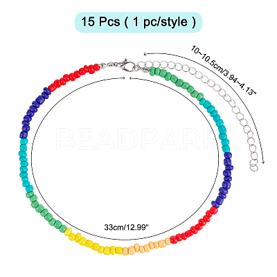15Pcs 15 Styles Round Glass Seed Beads Choker Necklaces NJEW-AR0001-01-1
