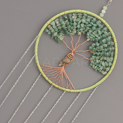 Brass Wire Wrapped Natural Green Aventurine Chips Tree of Life Pendant Decorations HJEW-D302-03-1