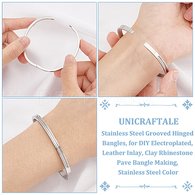 3Pcs Egg Shaped 201 Stainless Steel Grooved Hinged Bangles STAS-UN0048-67-1