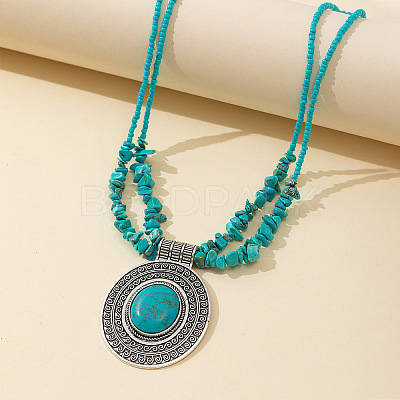 Oval Alloy Pendant Synthetic Turquoise Chip Beaded Double Layer Necklaces for Women FS-WGEC68A-01-1