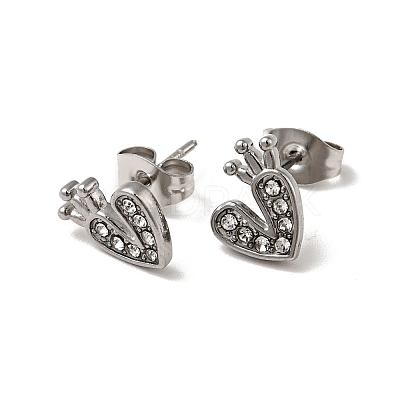 Heart with Crown 304 Stainless Steel Rhinestone Stud Earrings EJEW-A081-16P-01-1