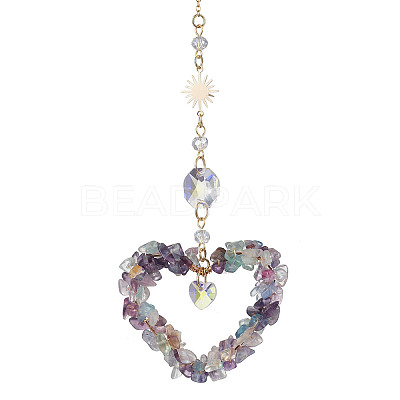 Heart Natural Fluorite Chip Pendant Drcorations HJEW-JM01651-04-1
