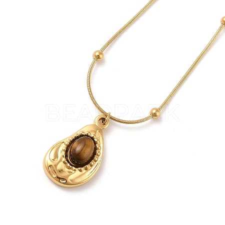 304 Stainless Steel Natural Tiger Eye Pendant Necklaces NJEW-C041-02G-1
