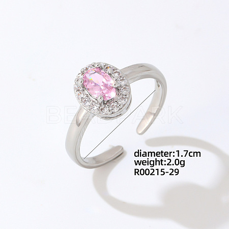 Oval Platinum Brass Open Cuff Ring with Pink Cubic Zirconia EG7863-23-1