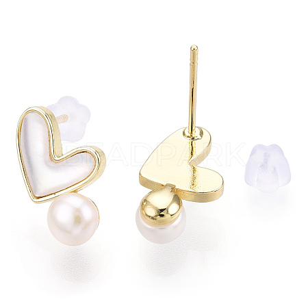 Natural White Shell Heart & Pearl Stud Earrings PEAR-N020-05P-1