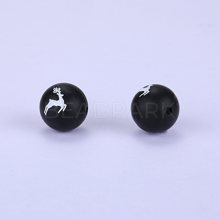 Printed Round with Deer Pattern Silicone Focal Beads SI-JX0056A-130-1