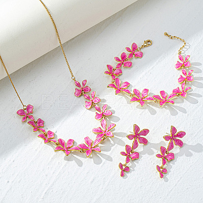 Flower Brass Enamel Pendant Necklace & Stud Dangle Earring & Link Bracelet FS-WG6CF2D-01-1