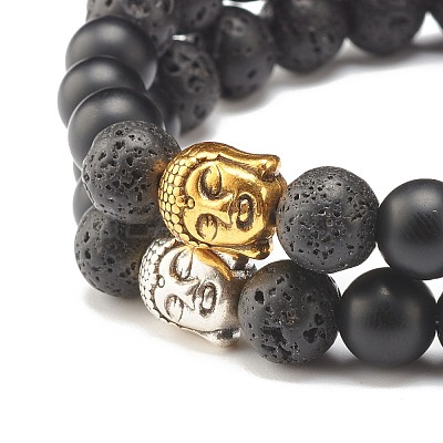 2Pcs 2 Color Natural Lava Rock & Synthetic Black Stone Stretch Bracelets Set with Buddha Head BJEW-JB07707-1