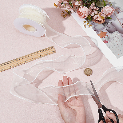 5 Yards Organza Plastic Ribbon with Plastic Pearl Edged OCOR-WH0101-185F-1