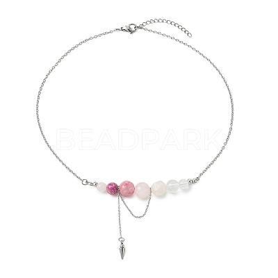 Natural  Rose Quartz & Dyed Imperial Jasper & Quartz Crystal & Green Jade Round Graduated Beaded Pendant 304 Stainless Steel Cable Chain Necklaces for Women NJEW-TA00242-04-1