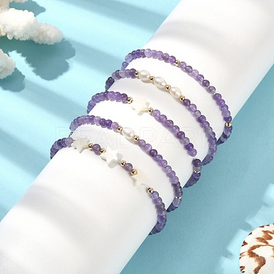 5Pcs 5 Style Natural Amethyst & Pearl & Shell Star Beaded Stretch Bracelets Set BJEW-JB09495-04-1