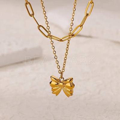 304 Stainless Steel Bowknot Pendant Necklaces NJEW-L182-001G-06-1