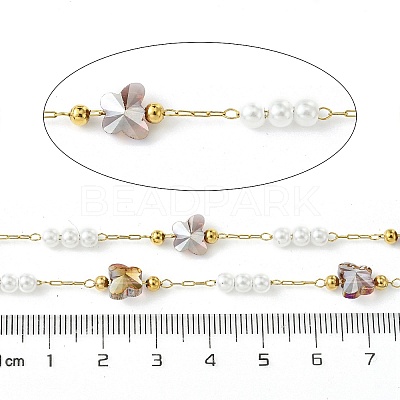 10M Ion Plating(IP) 304 Stainless Steel & ABS Plastic Pearl Bead & Butterfly Glass Link Chains CHS-G035-04G-03-1