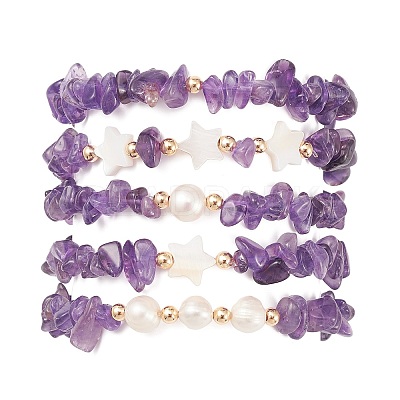 5Pcs 5 Style Natural Amethyst Chips Stretch Bracelets Set BJEW-JB09551-01-1