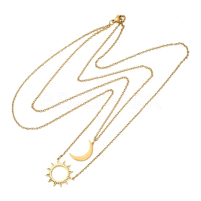 304 Stainless Steel Double Layered Sun Moon Pendant Necklaces NJEW-Z081-02G-1