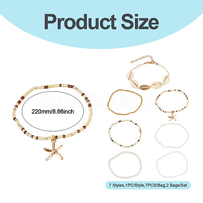 2 Bags Summer Beach Glass Seed Beaded & Natural Shell & Alloy Starfish Charm Anklet Sets AJEW-TA0003-69F-1