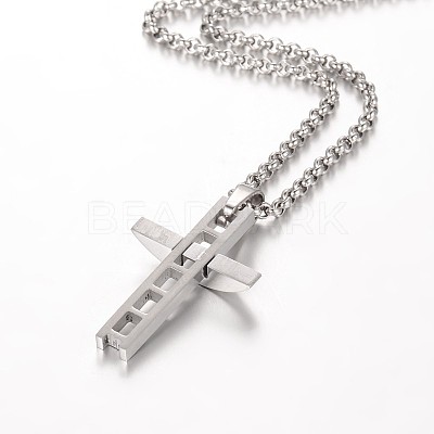 Tarnish Resistant 304 Stainless Steel Rolo Chain Cross Pendant Necklaces NJEW-JN01287-1