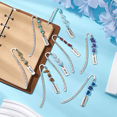 8Pcs 8 Styles Natural & Synthetic Gemstone Chip & Rectangle with Inspirational Word Bookmarks AJEW-JK00344-1