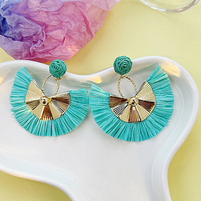 Bohemian Style Fan Alloy Raffia Dangle Stud Earrings FS-WGD68B3-08-1