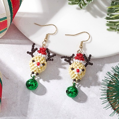 Glass Beaded Reindeer Dangle Earrings EJEW-MZ00628-1