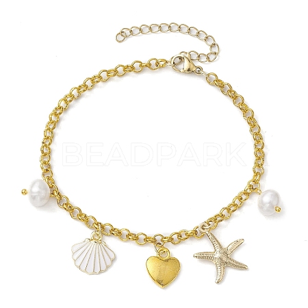 Natural Pearl & Iron Rolo Chain Bracelets BJEW-JB10364-1