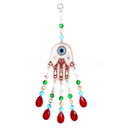 Hamsa Hand/Hand of Miriam with Evil Eye Alloy Lampwork Pendant Decoration HAMS-PW0001-01-1