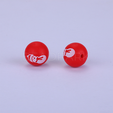 Christmas Printed Round with Snowman Pattern Silicone Focal Beads SI-JX0056A-216-1