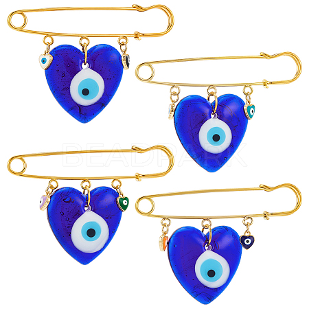 4Pcs 4 Color Lampwork Heart Evil Eye Charms Safety Pin Brooch JEWB-AB00004-1