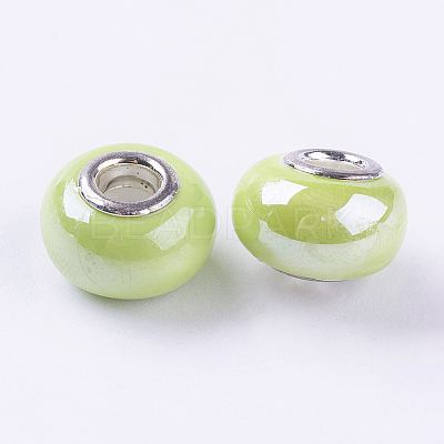 Rondelle Green Yellow Handmade Porcelain Large Hole European Beads X-OPDL-G001-13-1