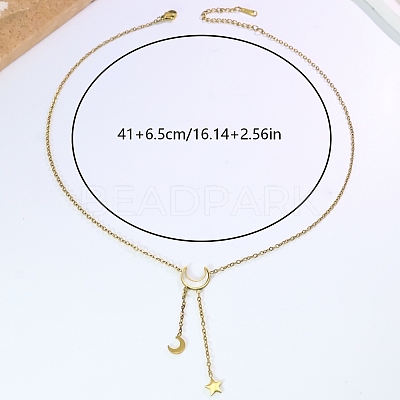 Stainless Steel & Natural White Shell Moon Star Pendant Y-Shaped Tassel Necklaces for Women PP3147-1