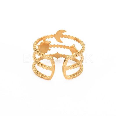 Ion Plating(IP) 304 Stainless Steel Sun and Moon Open Cuff Ring for Women RJEW-S405-152G-1