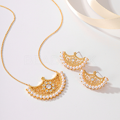 Brass Micro Pave Clear Cubic Zirconia Moon Pendant Necklaces & Stud Earrings Sets for Women WM4804-1
