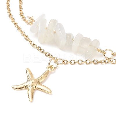 Natural White Moonstone Chips Beaded & Starfish Charms Double Layer Multi-strand Bracelet AJEW-AN00511-01-1