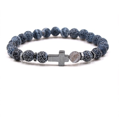 8MM Round Natural Weathered Agate(Dyed & Heated) Beaded Stretch Bracelets with Synthetic Non-magnetic Hematite Cross FA1012-7-1