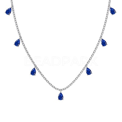 Rhodium Plated 925 Sterling Silver Pave Blue Cubic Zirconia Cable Chain Teardrop Tassel Necklaces for Women NJEW-Q342-14P-1