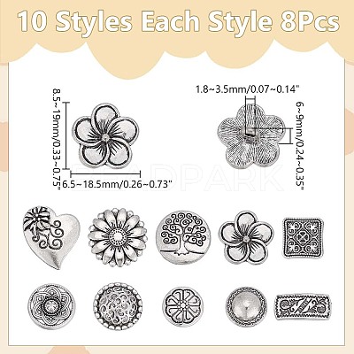 80Pcs 10 Styles 1-Hole Alloy Shank Buttons BUTT-ME0001-05-1