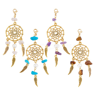 10Pcs Woven Net/Web with Feather Pendant Decorations HJEW-NB0001-73-1