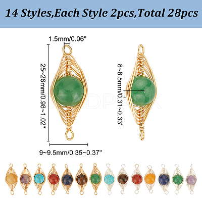 28Pcs 14 Styles Mixed Gemstone Copper Wire Wrapped Connector Charms FIND-HY0003-94-1