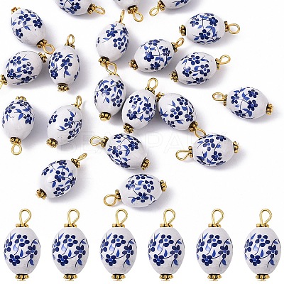 20Pcs Blue & White Floral Printed Porcelain Pendants PALLOY-YW00112-05-1