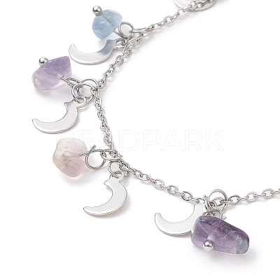 Natural Fluorite Chips & Moon Charms Anklet AJEW-AN00512-06-1