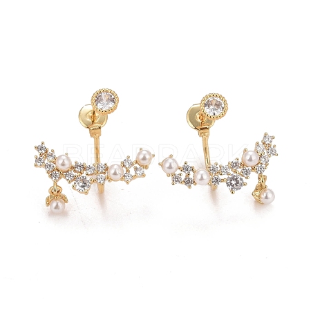Clear Cubic Zirconia Branch Front Back Stud Earrings with Acrylic Pearl EJEW-C022-20G-1