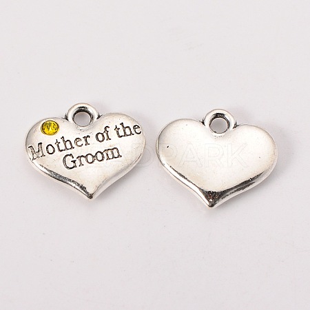 Wedding Theme Antique Silver Tone Tibetan Style Alloy Heart with Mother of the Groom Rhinestone Charms LS-TIBEP-N005-17D-1