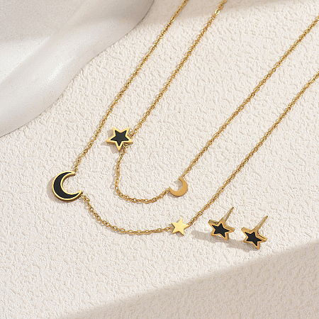 Stainless Steel Cubic Zirconia Star Moon Stud Earrings & Double Layer Necklaces Sets MH5763-1