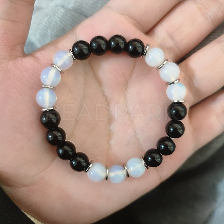 Opalite & Glass Natural Black Obsidian Round Beads Stretch Bracelets for Wome LS-XK6980-1