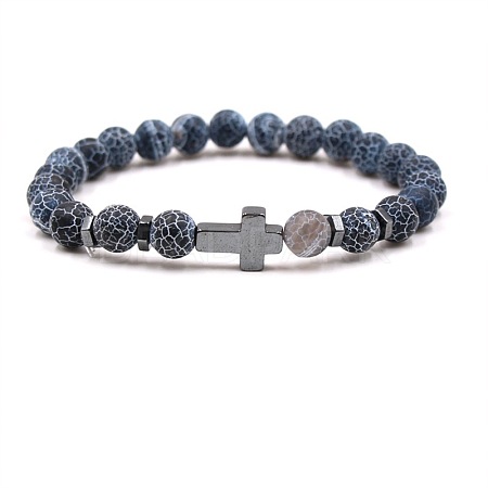 8MM Round Natural Weathered Agate(Dyed & Heated) Beaded Stretch Bracelets with Synthetic Non-magnetic Hematite Cross FA1012-7-1