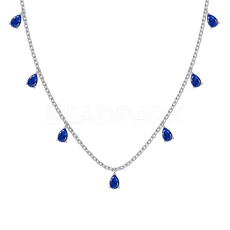 Rhodium Plated 925 Sterling Silver Pave Blue Cubic Zirconia Cable Chain Teardrop Tassel Necklaces for Women NJEW-Q342-14P-1